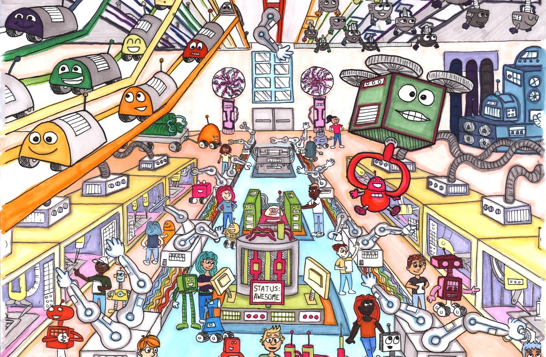 A colorful robotics lab full of friendly robots, machines, and young engineers