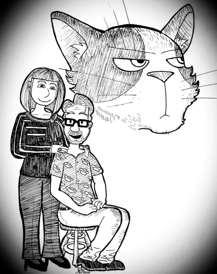 A hand-drawn portrait of Ryan and Elisa Abts